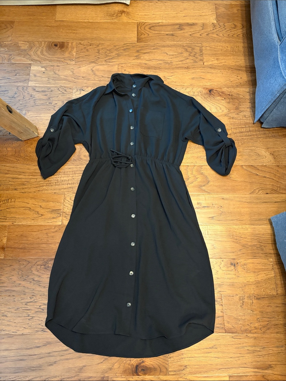 Monteau Black Button-Front Midi Shirt Dress with elastic Waist xl soft